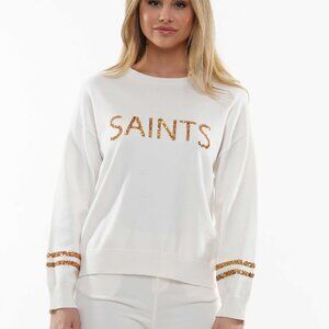 Saints Game-Day White LS Sweater White - Gold Letters